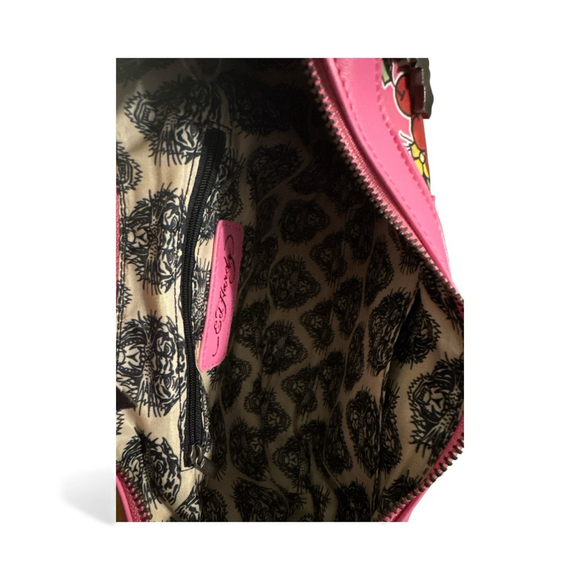Ed Hardy Candy Pink Skulls Hearts & Roses Small Studded Hobo Shoulder bag charms - Picture 6 of 10